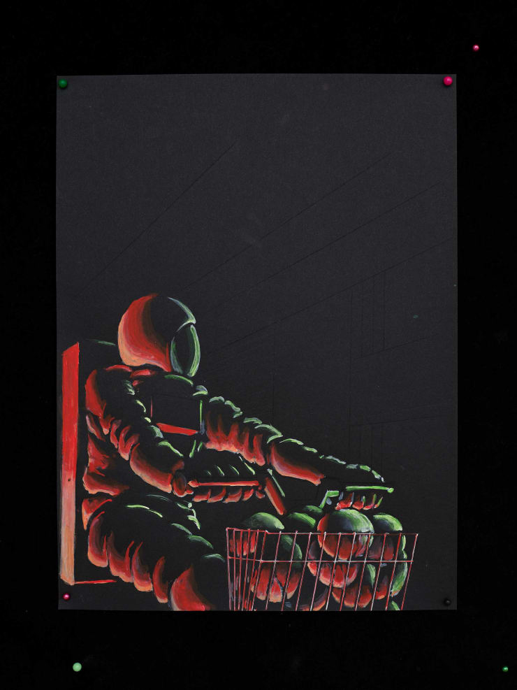 Luca Buvoli, Astrodoubt Arriving by Bike - Animation Drawing for Lesson 5 of "A Brief History of Time (Under Covid)" on Cosmic Panel, 2022