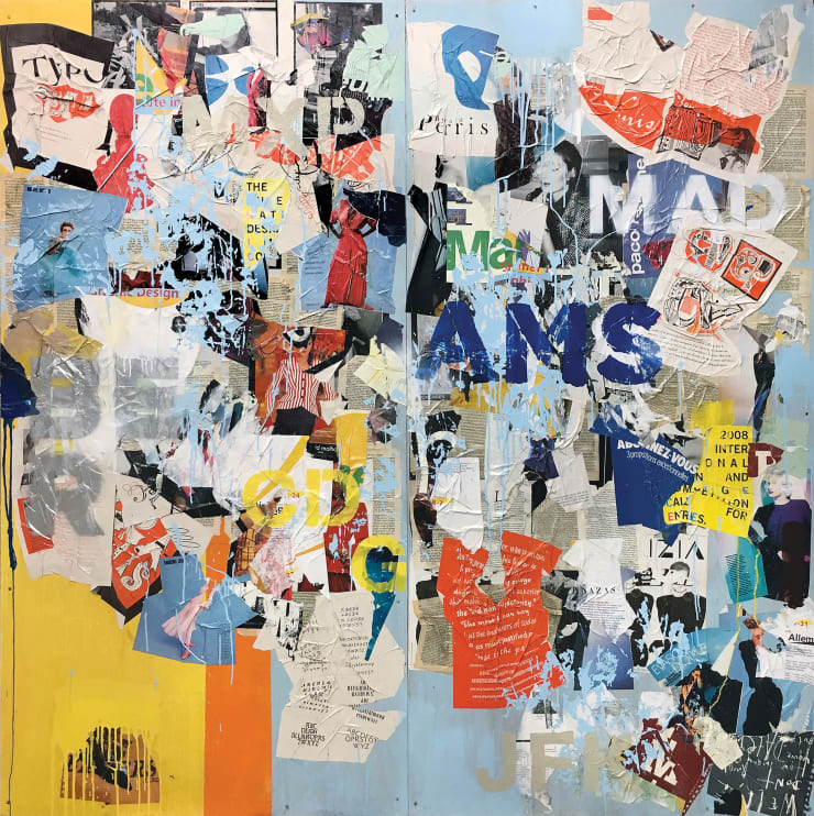 Samuel E Vazquez #16, 2017 Found materials, acrylic, spray enamel, and latex on panel 72 x 72 Signed and dated verso