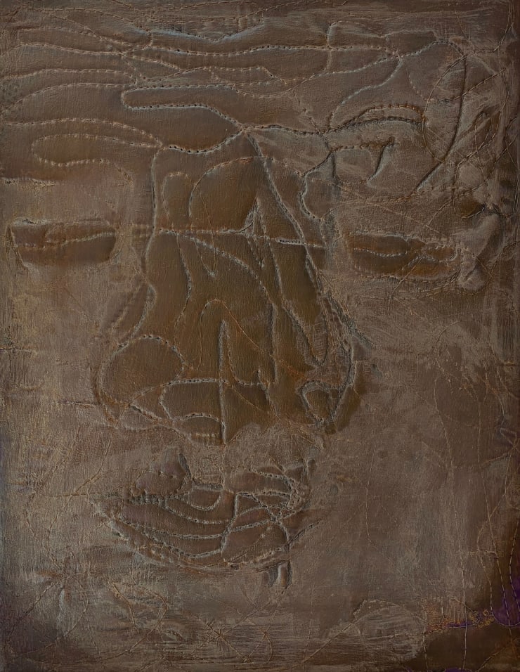 Mingi Jung Harmony – The face of the earth, 2021 Free-motion quilting machine sewing on unbleached muslin, acrylic paint, Korean loess and matte varnish 45 x 38 cm 17 3/4 x 15 in