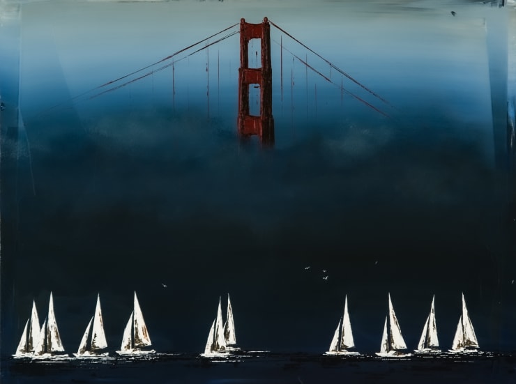 A row of white sailboats against a foggy sky with a bit of the Golden Gate Bridge visible in the background
