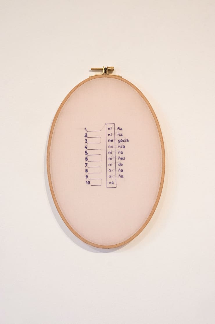 Débora Caro Niña no (Never child), 2024 Embroidery with suture thread on fabric in wooden frame 31 x 20 x 0.8 cm