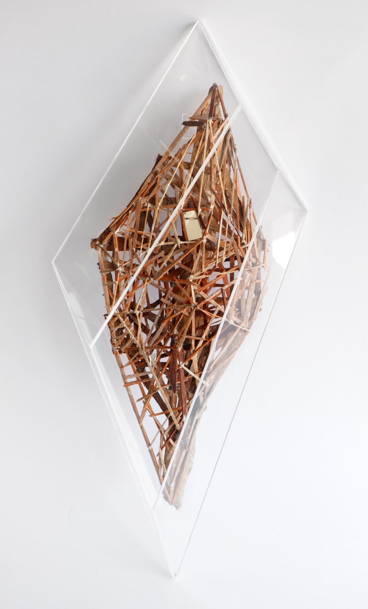 Virginia Guilisasti Protector , 2024 Sculpture made of tree barks attached with glue and pieces of found mirrors in a transparent acrylic box (Can be placed on a wall or on a horizontal support) 60 x 28 x 10 cm