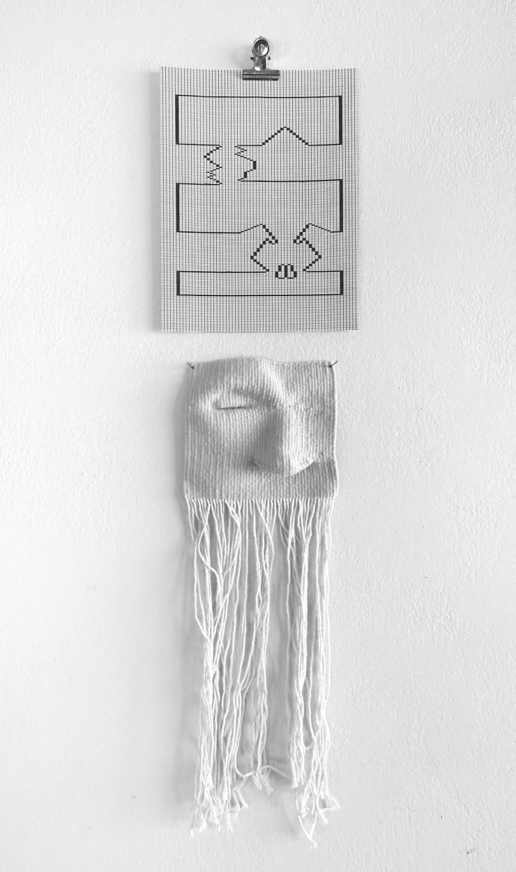 José Pérez ON1 , 2019 Weft face weave with warp displacement. Cotton. Graph paper with black ink drawing and metal clip. 69 x 16 x 2,5 cm