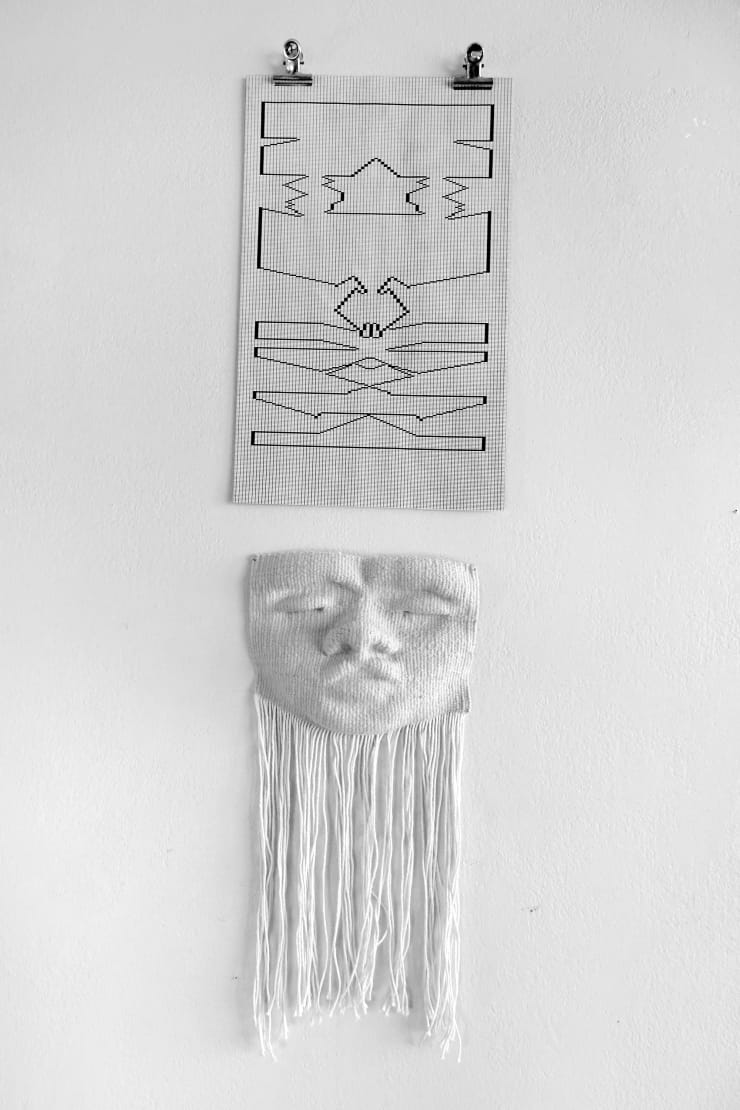 José Pérez C4 , 2020 Weft face weave with warp displacement. Cotton. Graph paper with black ink drawing and metal clip. 68 x 20 x 4 cm