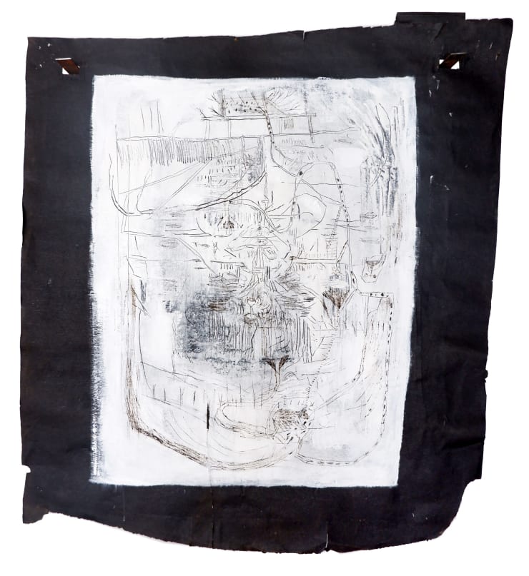 Virginia Guilisasti Búsqueda (Searching), 2024 Drawing scratched on asphalt paper primed with acrylic paint suspended on two iron brackets 105 x 98 x 20 cm