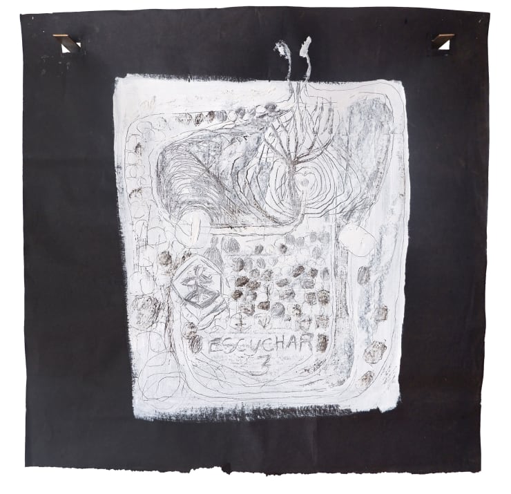 Virginia Guilisasti Escuchar (Listen), 2024 Drawing scratched on asphalt paper primed with acrylic paint suspended on two iron brackets 98 x 99 x 20 cm