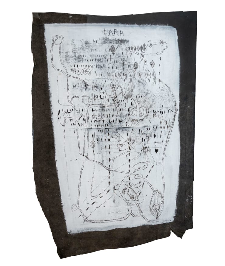 Virginia Guilisasti Lara, 2024 Drawing scratched on asphalt paper primed with acrylic paint, in a transparent acrylic box. 100 x 65 x 5 cm