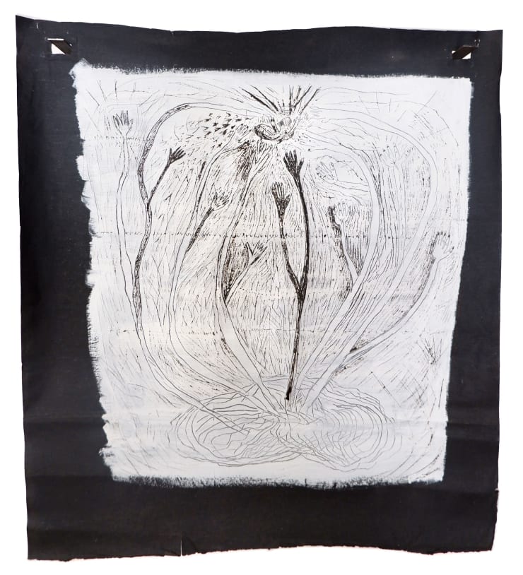 Virginia Guilisasti Crianza (Breeding), 2024 Drawing scratched on asphalt paper primed with acrylic paint suspended on two iron brackets 110 x 98 x 20 cm