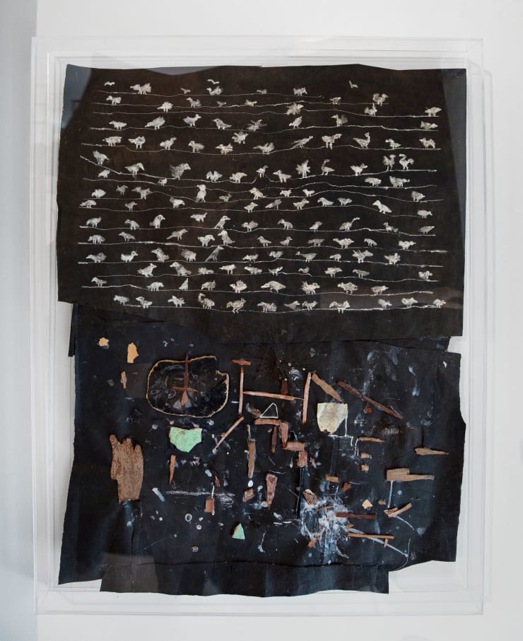 Virginia Guilisasti Frontera (Border), 2024 White pencil drawing and pieces of glass and bark on asphalt paper, in a transparent acrylic box 87x 67 x 5 cm