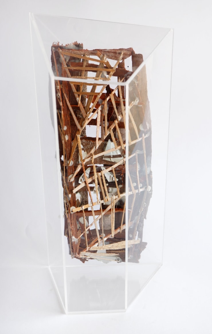 Virginia Guilisasti Portal , 2024 Sculpture made of tree barks attached with glue and pieces of found mirrors in a transparent acrylic box (Can be placed on a wall or on a horizontal support) 41 x 20 x 15 cm