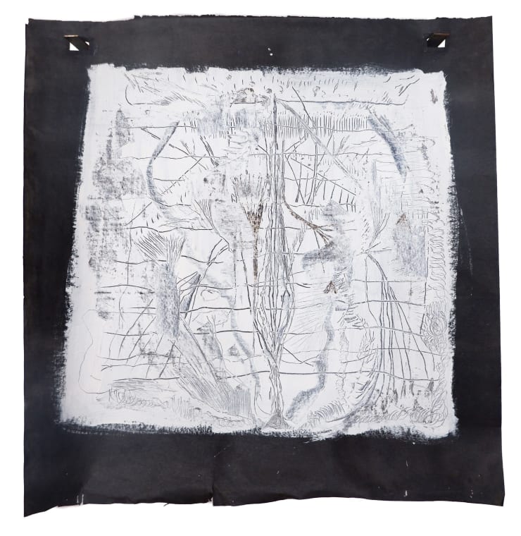 Virginia Guilisasti Intermedio (In Between), 2024 Drawing scratched on asphalt paper primed with acrylic paint suspended on two iron brackets 106 x 100 x 20 cm