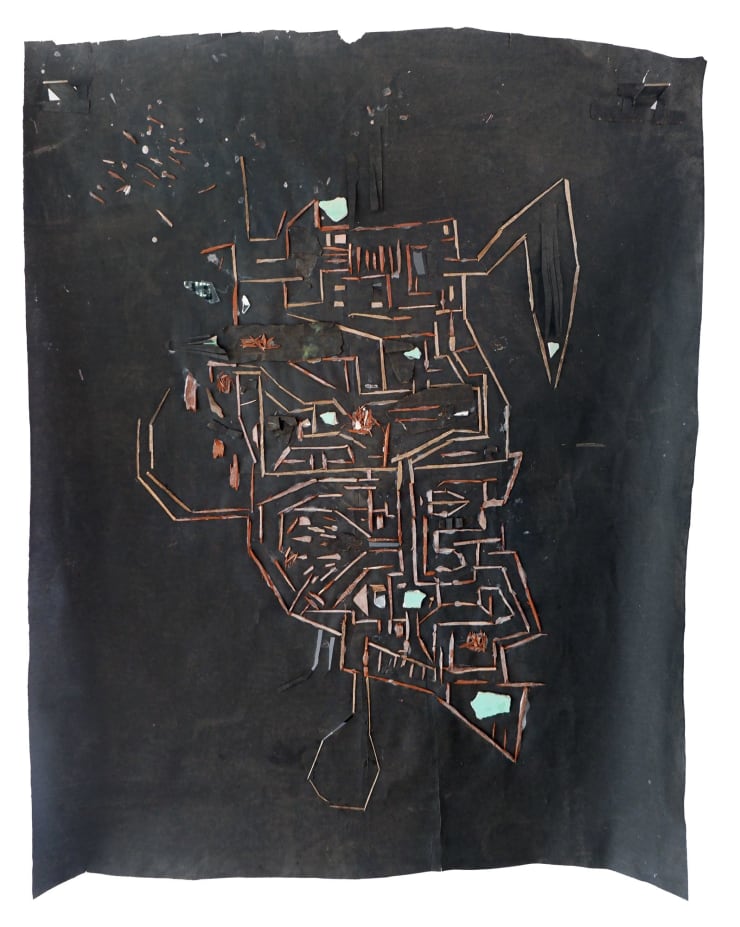 Virginia Guilisasti Transitar (Go through), 2024 Bark and glass on asphalt paper suspended on two iron brackets 107 x 98 x 20 cm