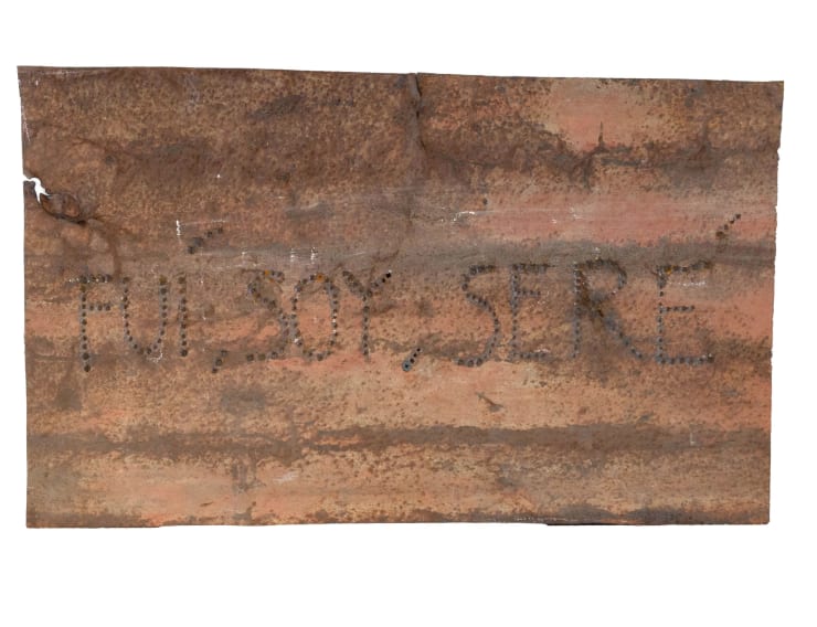 Virginia Guilisasti Fui, Soy, Seré (I was, I am, I will be), 2018 Perforated text on found brass 40 x 50 cm