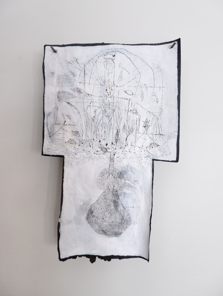 Virginia Guilisasti Dermatitis, 2024 Drawing scratched on asphalt paper primed with acrylic paint suspended on two iron supports 100 x 62 x 20 cm
