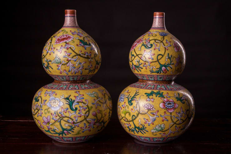 A Pair of Yellow Ground Double Gourd Vases