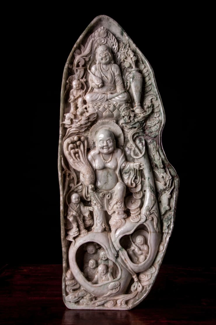 Vintage hand-carved Chinese Celadon Jade statue with laughing Buddha