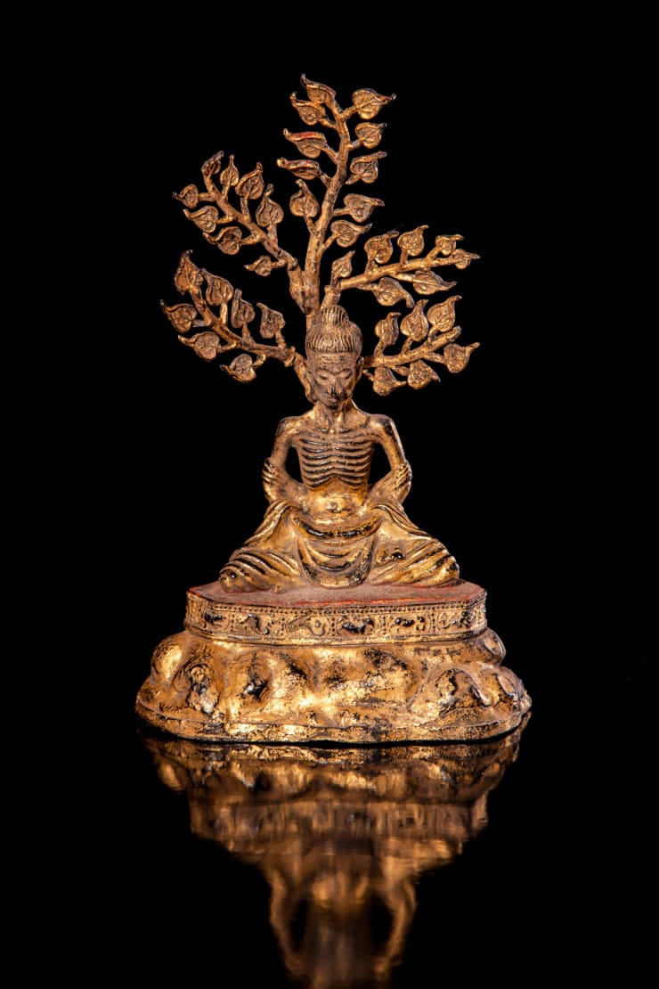 Extremely Rare 19th Century Gilded & Lacquered Bronze Fasting Buddha