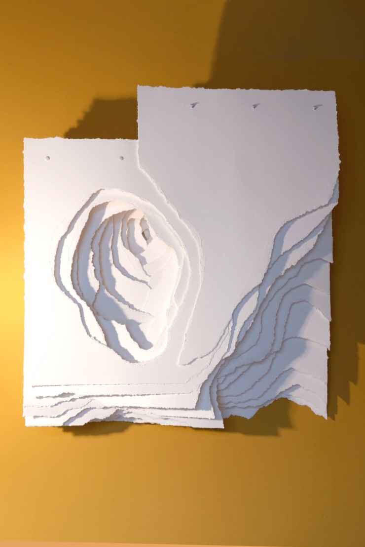 Angela Glajcar 2023-38 Terforation, 2023 Paper 400g, torn, metal mounting and plastic 65 x 59 7/8 x 13 3/8 in 165 x 152 x 34 cm