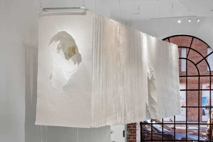 Angela Glajcar 2021-048 Terforation, 2021 Hanji paper 89g, torn, wire, metal mounting 55 1/8 x 29 1/2 x 196 7/8 in 140 x 75 x 500 cm