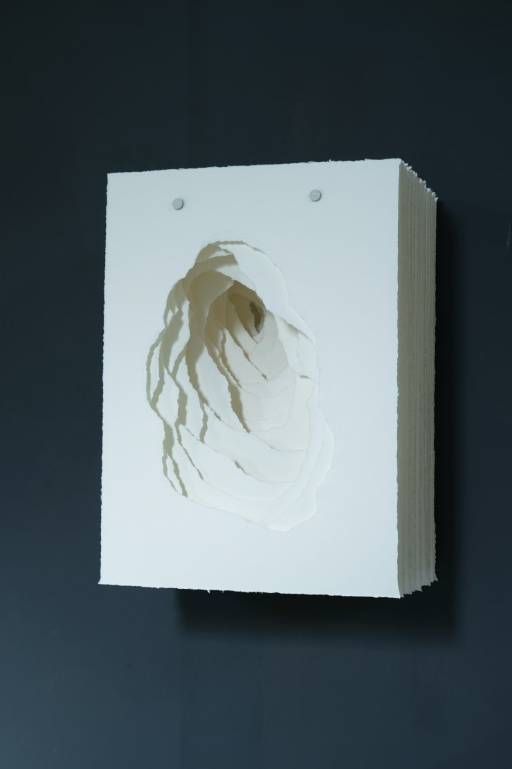 Angela Glajcar Terforation 2022-069 Paper 200g, torn, metal and plastic mount 15 x 11 x 7 1/8 in 38 x 28 x 18 cm
