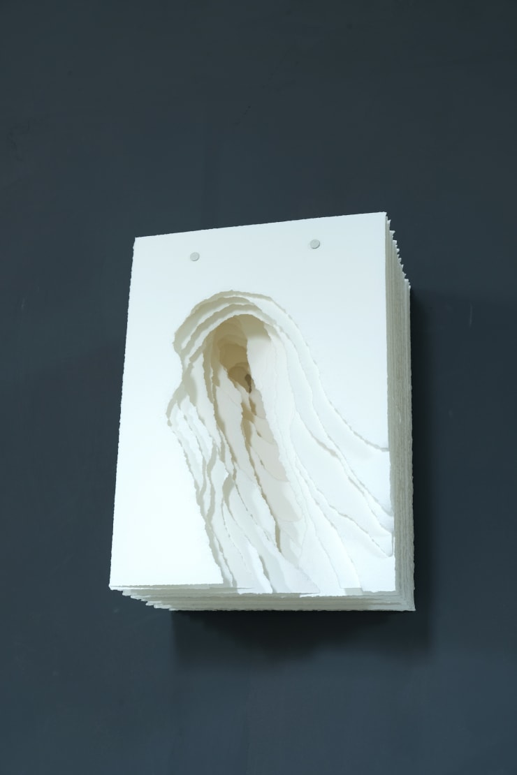 Angela Glajcar Terforation 2022-071 Paper 200g, torn, metal and plastic mount 15 x 11 x 7 1/8 in 38 x 28 x 18 cm