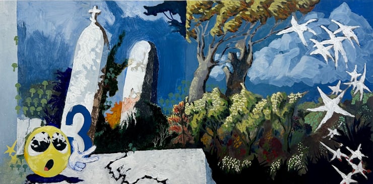 Pasha Smelyantsev Garish Detachment , 2024 Oil, oil pastel, cold wax, graphite primed panel 24 1/2 x 45 in 62.2 x 114.3 cm