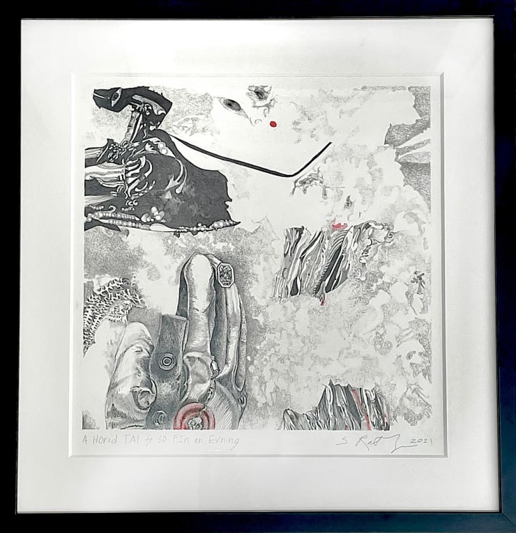 Sarah Ratchye A HOrid TAI fOr SO Fln an Evning, 2021 Graphite and colored pencil on paper 12 x 12 in 31 x 31 cm Signed and dated lower right "S. Ratchye 2021"