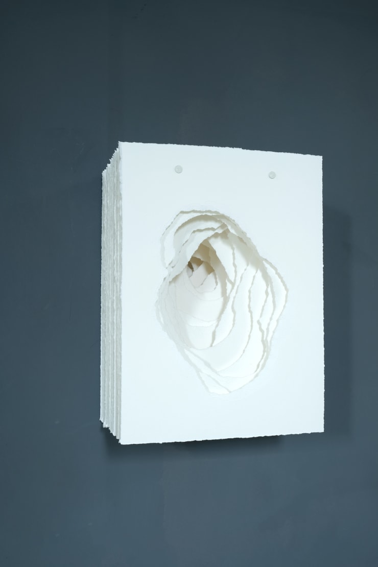 Angela Glajcar Terforation 2022-067 Paper 200g, torn, metal and plastic mount 15 x 11 x 7 1/8 in 38 x 28 x 18 cm