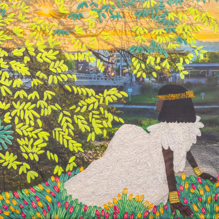 Joana Choumali, The Sun Called me Gorgeous and I Believed, 2024. Girl sat in the Sun