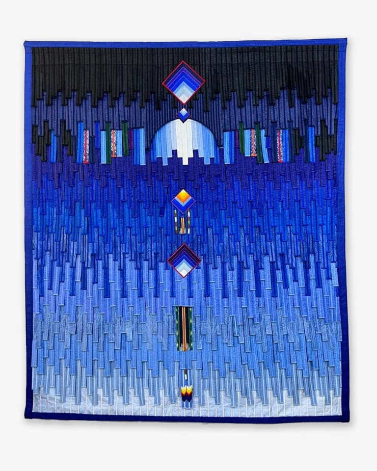 Large-size blue tapestry by Malian artist Abdoulaye Konaté. GALERIE FARAH FAKHRI