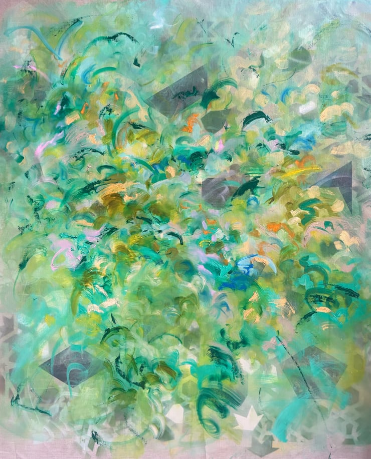 Abstract painting in hues of green by Kuwaiti artist Latifa Alajlan