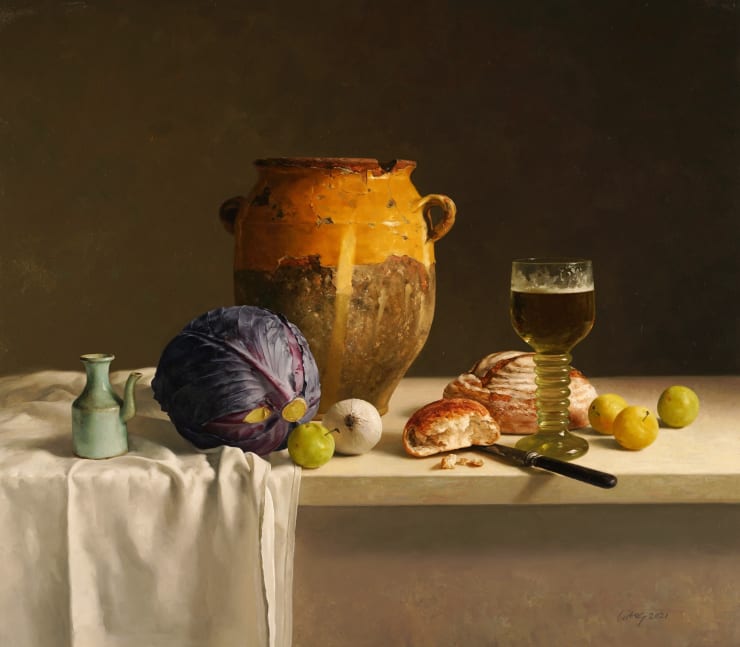 Qiangli Liang, Gele pot met rode kool, bier en brood, 2022