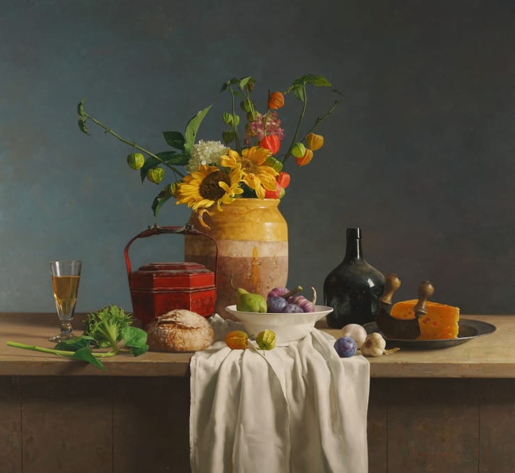Qiangli Liang, Bloemen in een gele pot met kaas, 2021