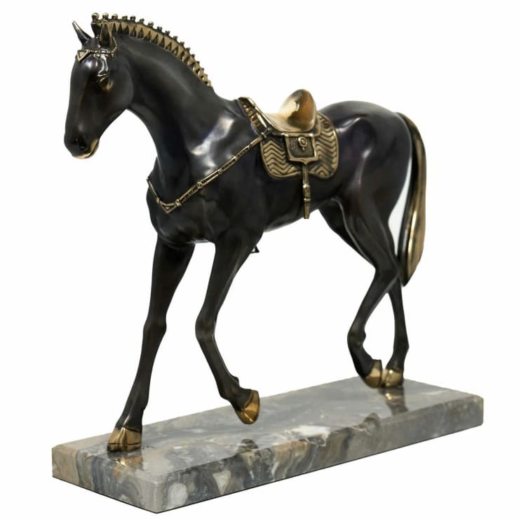 Running horse, 100% hand crafted bronze sculpture of a running horse. Patinated bronze, marble base, 25 cm.