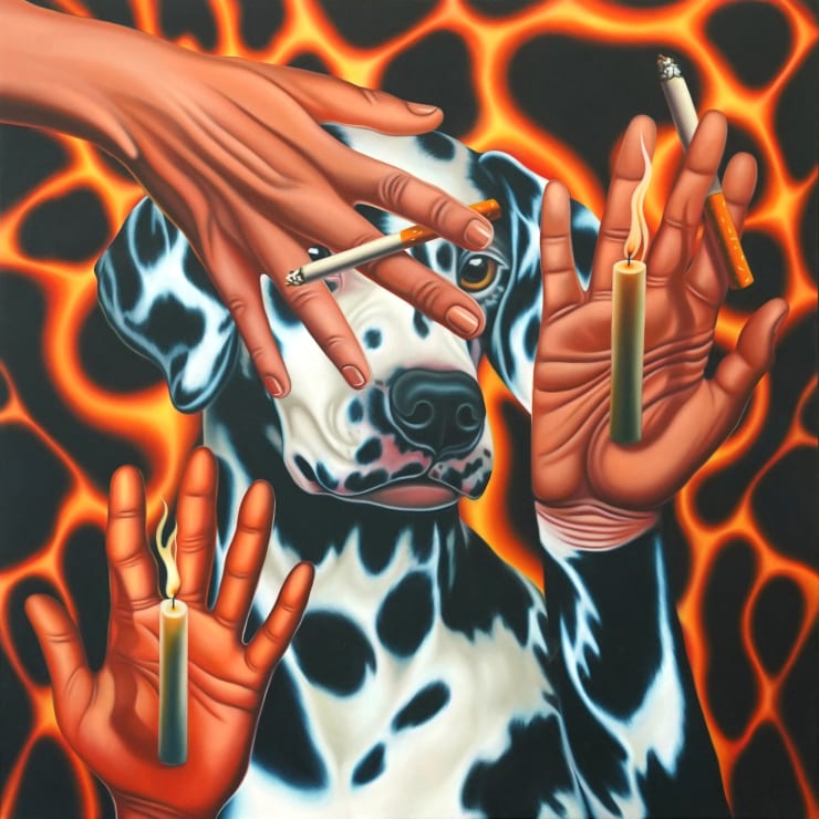 painting of a dalmation with 3 floating hands each holding a canddle or a cigarette
