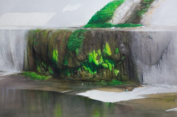 painting of a creek with moss growing around the cement