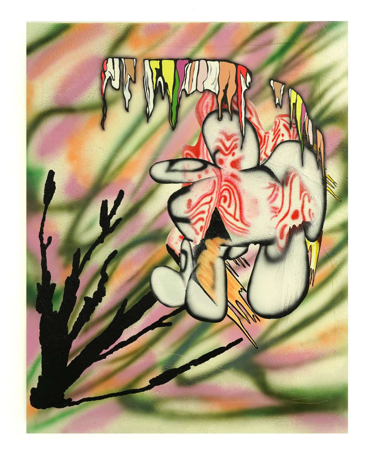 abstract painting of flowers: pink, green and orange