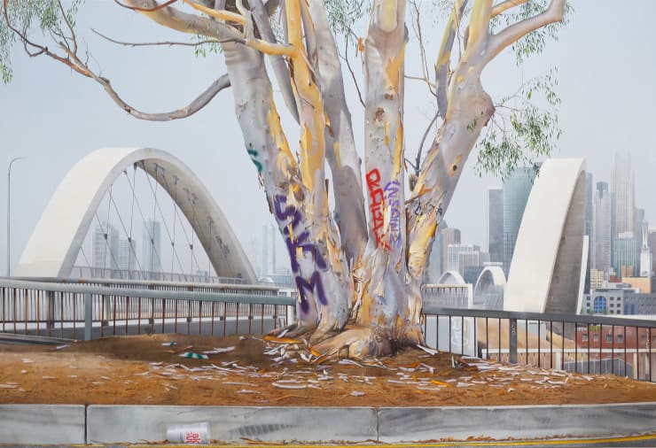 painting of a eucalyptus tree covered in graffiti in the foreground with the 6th street bridge and Downtown Los Angeles skyline in the background