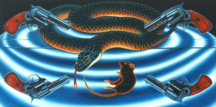 painting of a snake with 4 guns pointing at it and a dead mouse