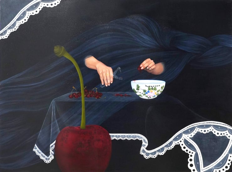painting of hands pitting cherries