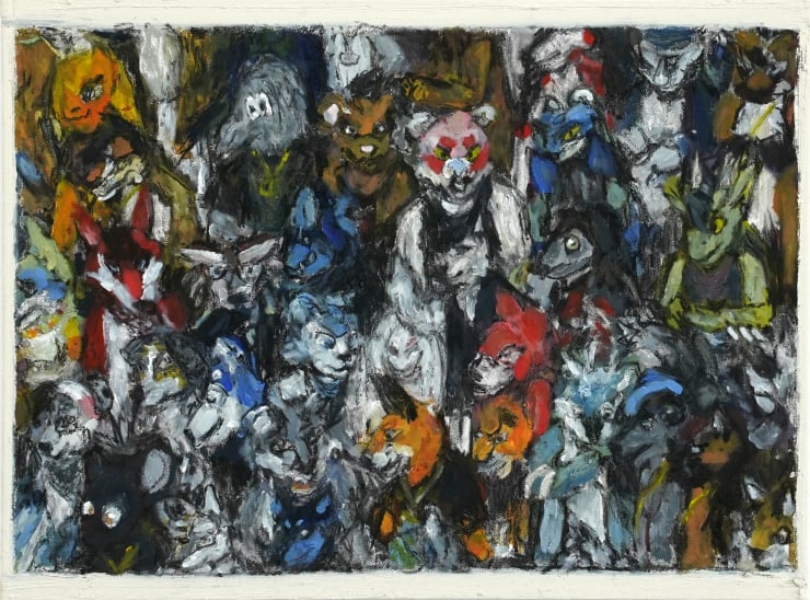 abstract painting of a group of people in furry costumes