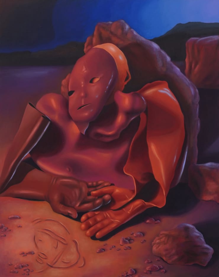 painting of a melting human form in monochromatic red and purple tones