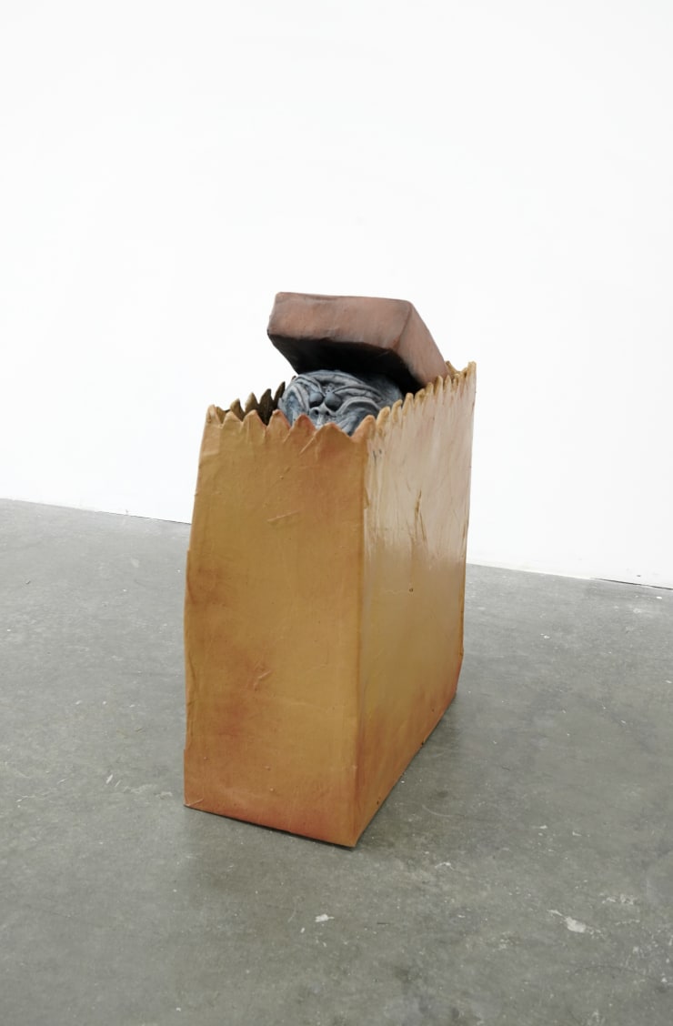 face coming out of a brown bag