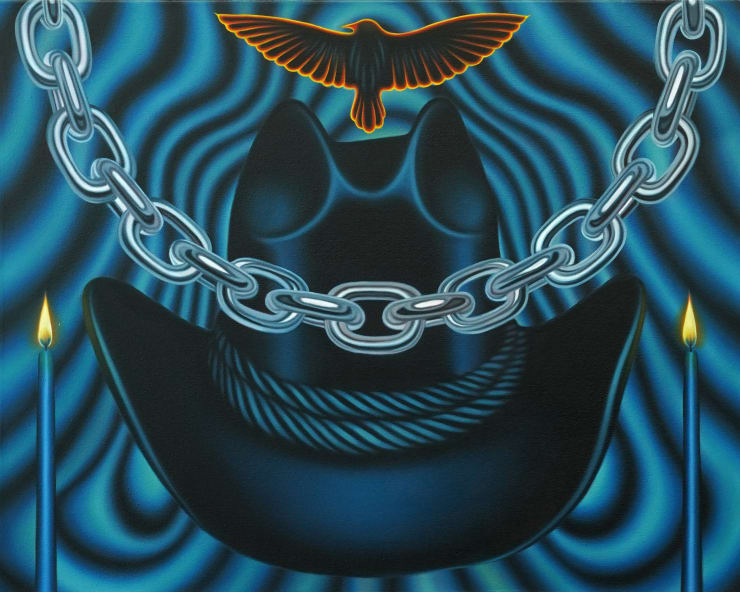painting of a blue cowboy hat, 2 candles, a chain and an eagle