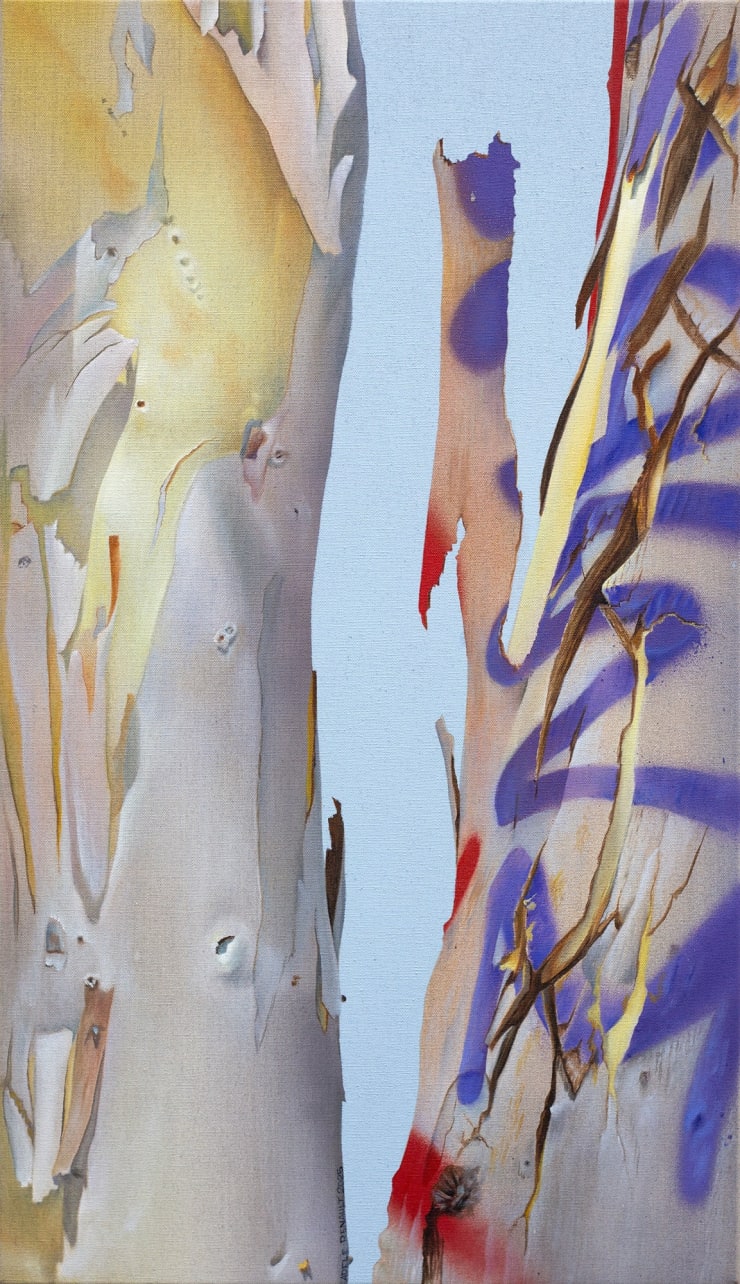 painting of a eucalyptus tree that has graffiti on it