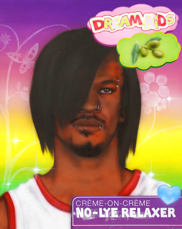 painting of jimmy butler with his hair straightened as the cover of a beauty product box
