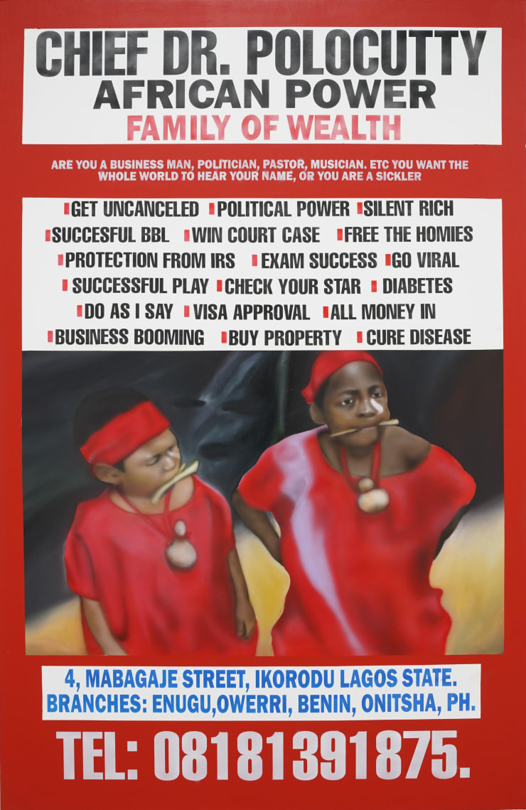 painting of a red sign promoting voodoo & juju