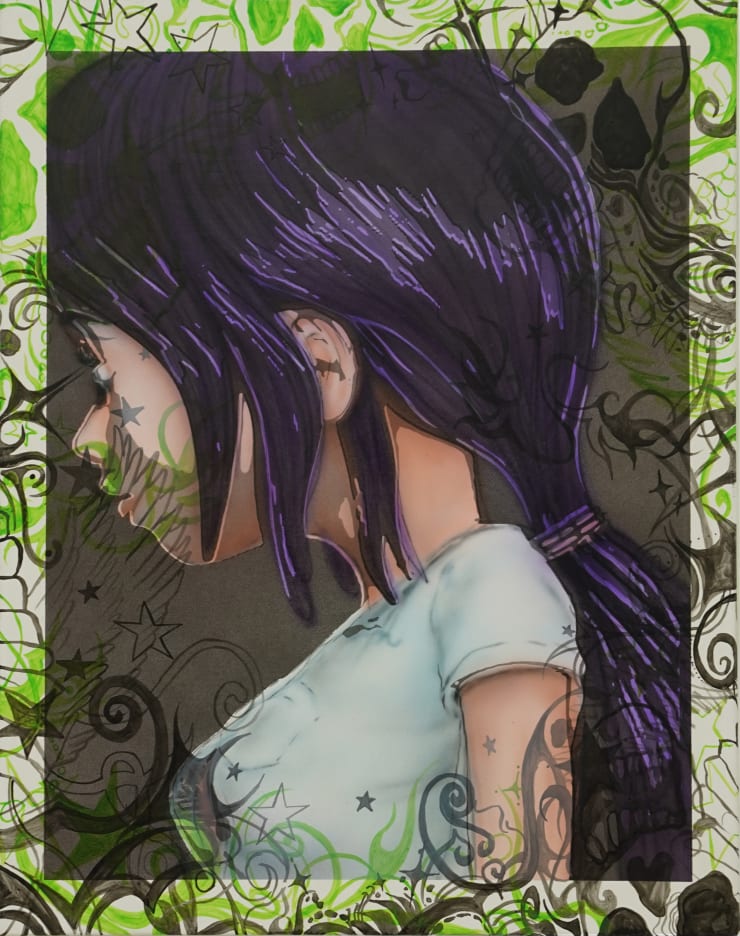 painting of an anime girl with green border by Mia Scarpa