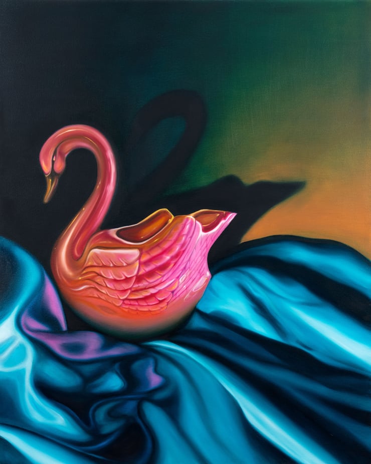 painting of a pink swan on blue fabric