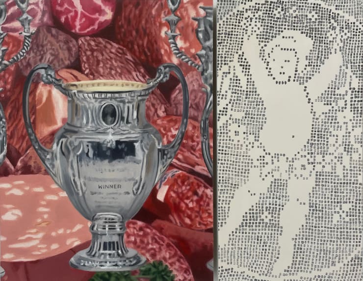 painting of a trophy with salami in the background and an angel doiley on the right